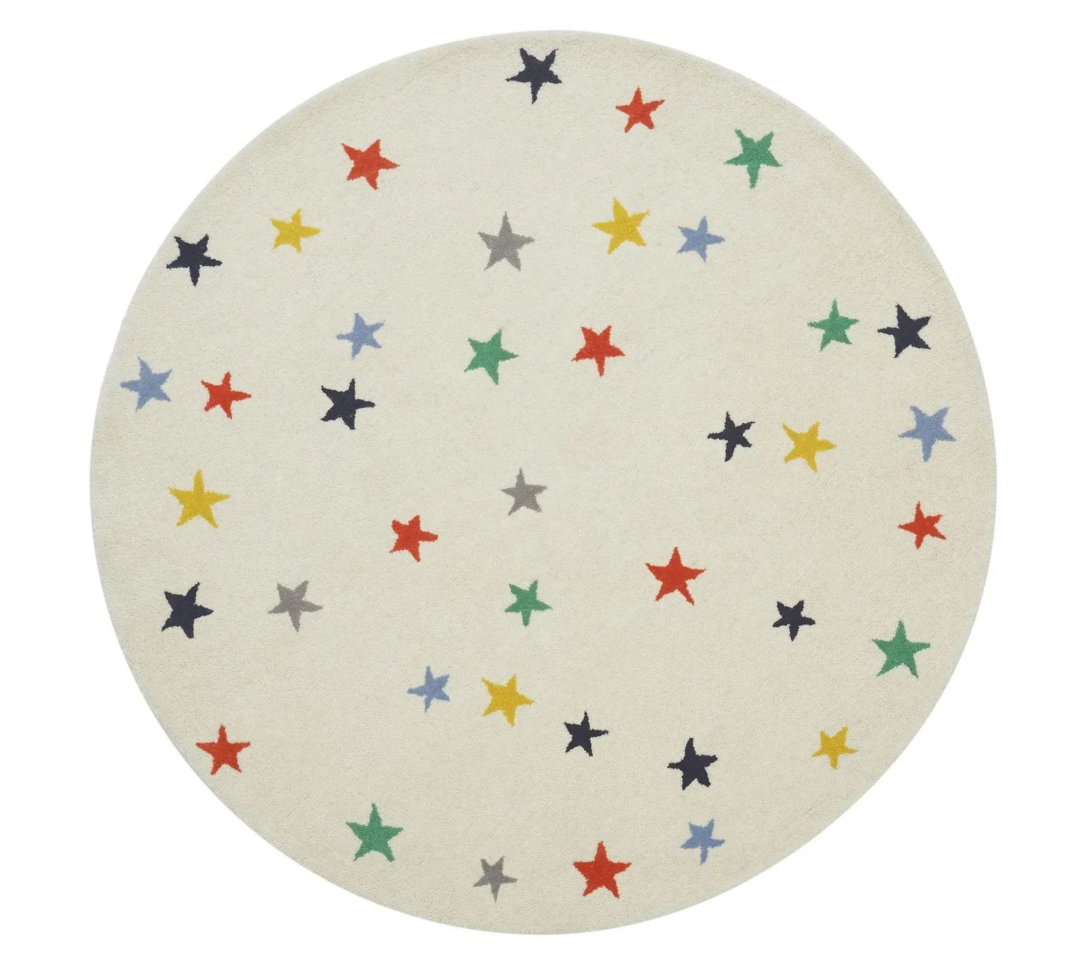 Twinkle Rug Round featuring multicolored stars on a soft ivory wool surface.