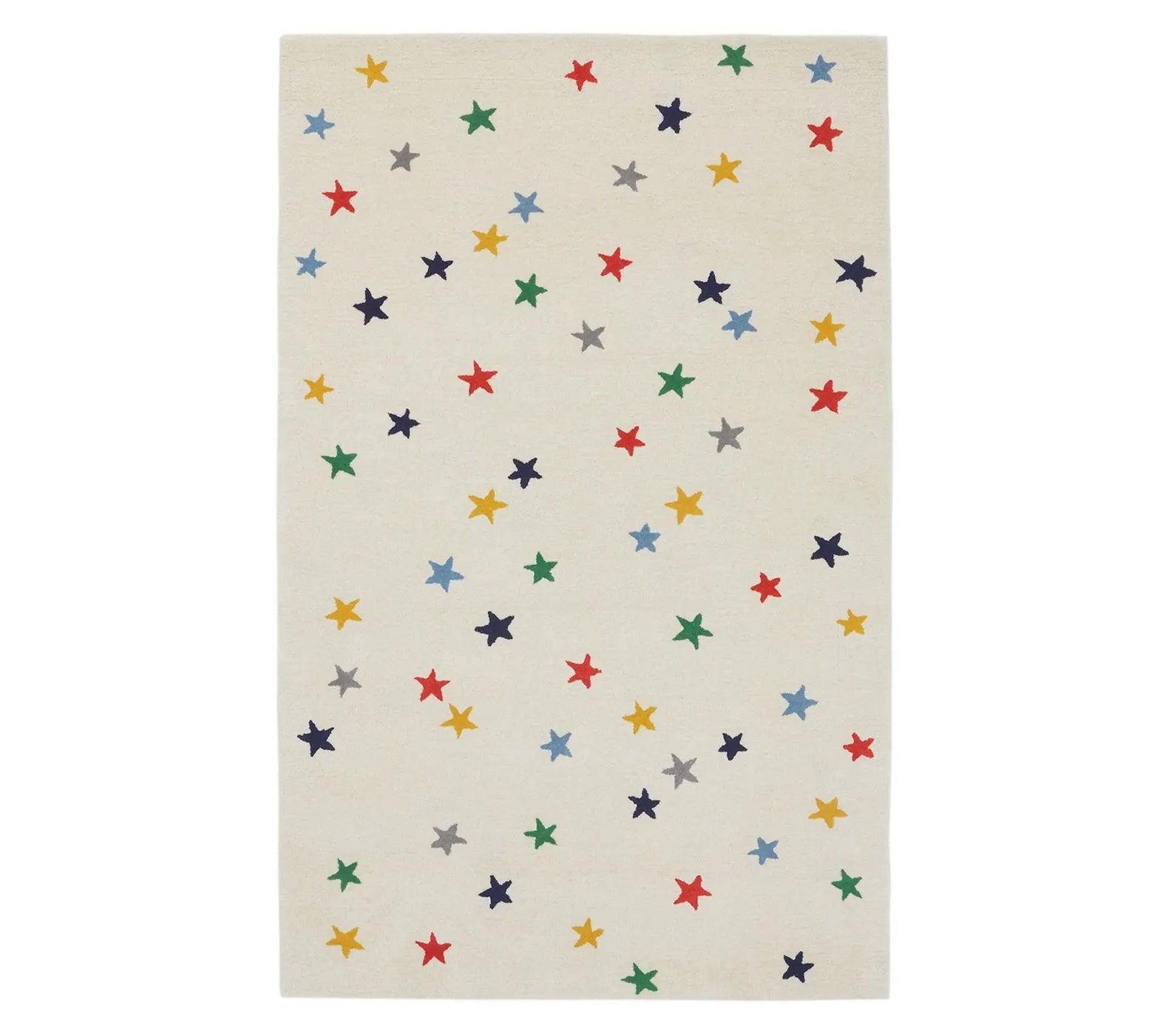 Top-angle view of Twinkle Rug displaying a playful scattering of colorful stars across a soft cream wool base — ideal for kids’ rooms and creative spaces.