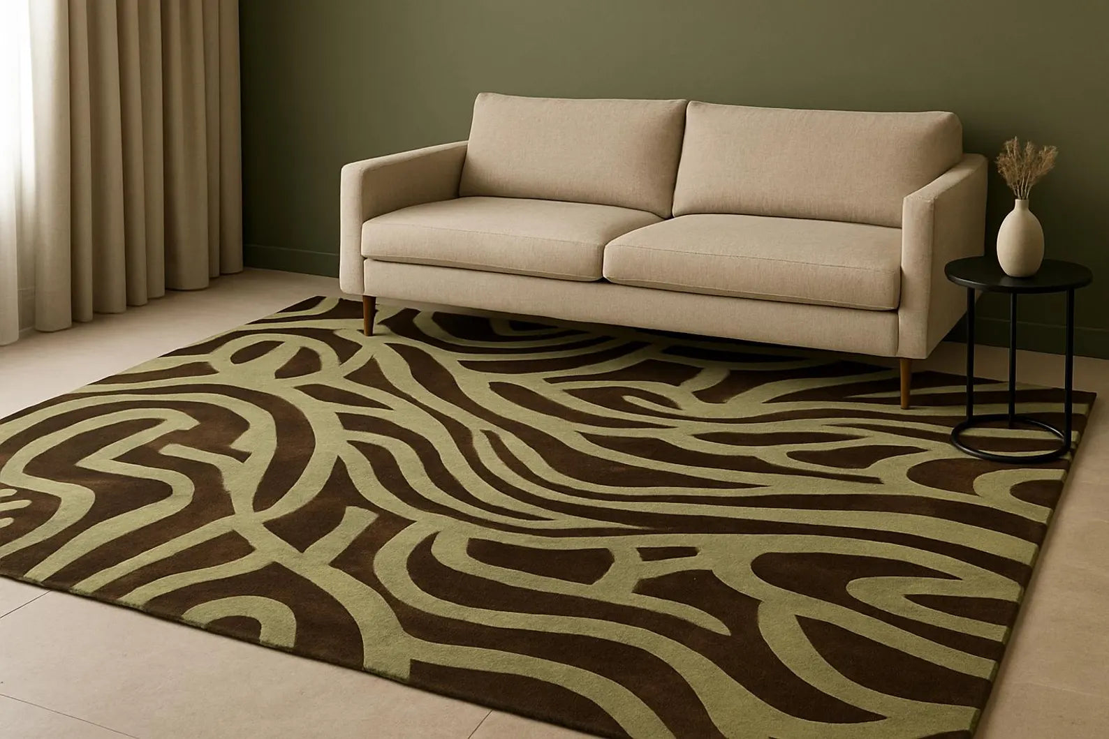 Verona Rug styled in a modern living room with neutral furniture and warm lighting, highlighting its organic olive and brown pattern that complements the décor.