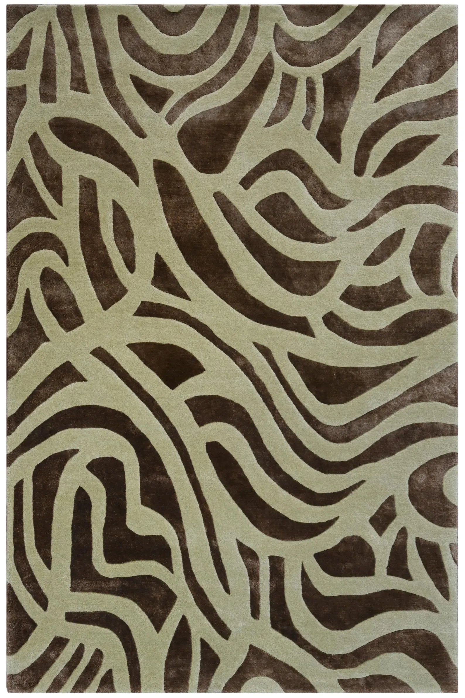 Verona hand tufted rug displayed flat, revealing its organic vine-like pattern in olive and deep brown tones.
