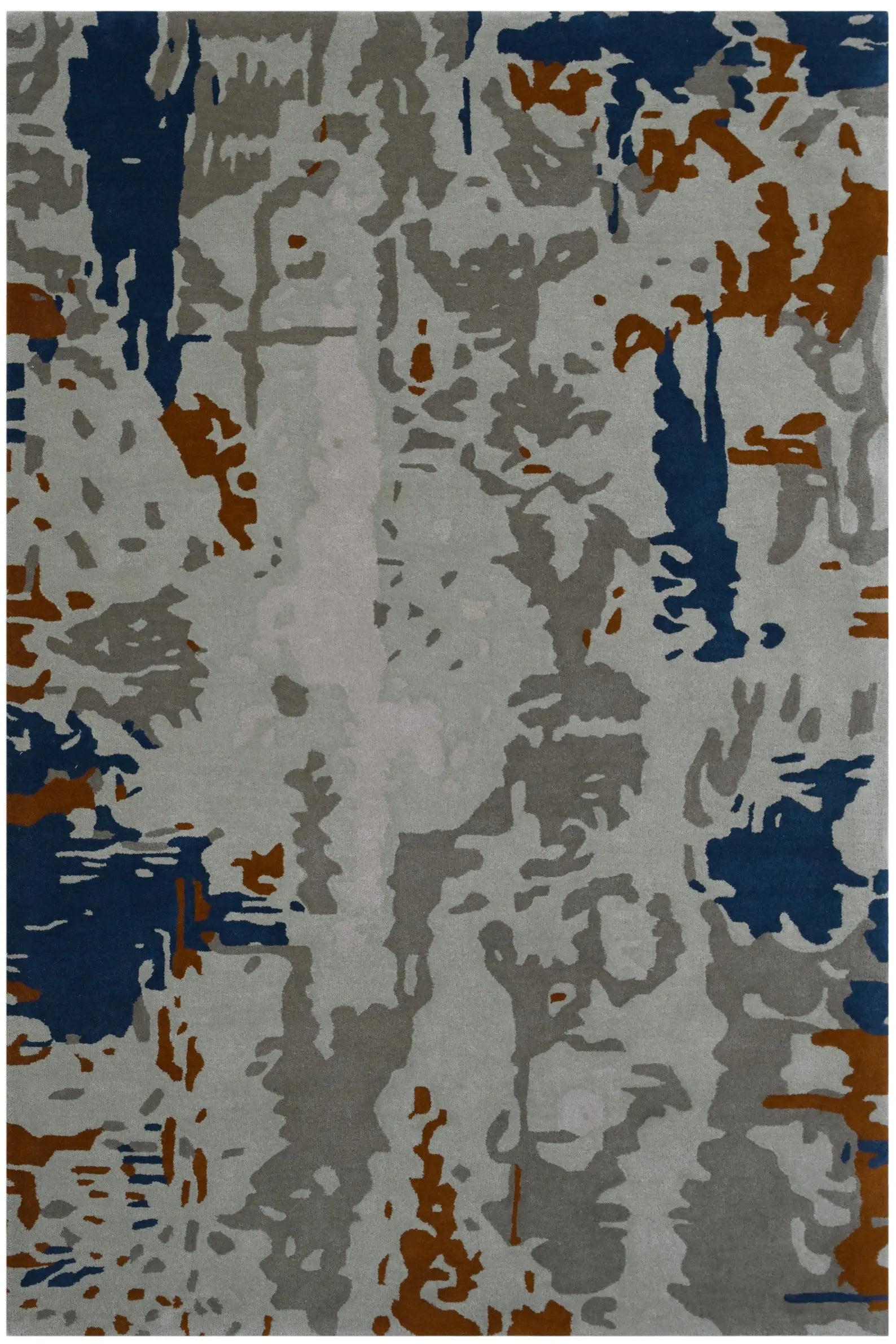 Full top view of Vortex Distressed hand tufted rug highlighting its painterly abstract design in blue, rust, and beige tones.
