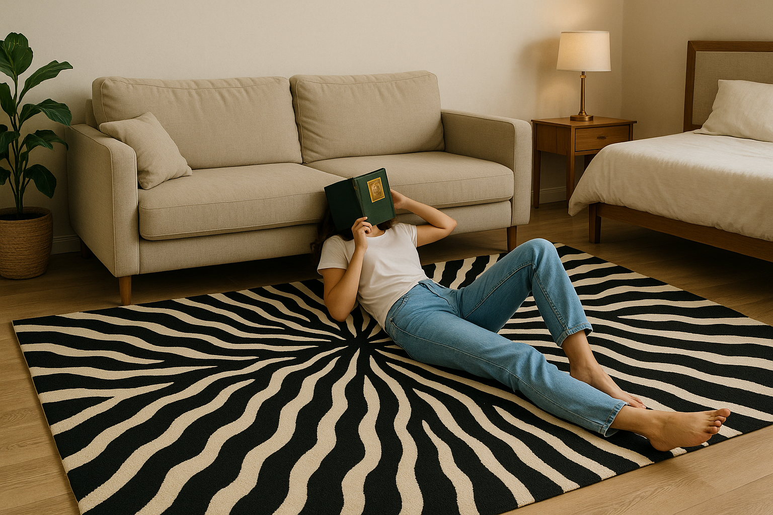 Zebra Bloom Rug styled in a cozy living room with modern decor.