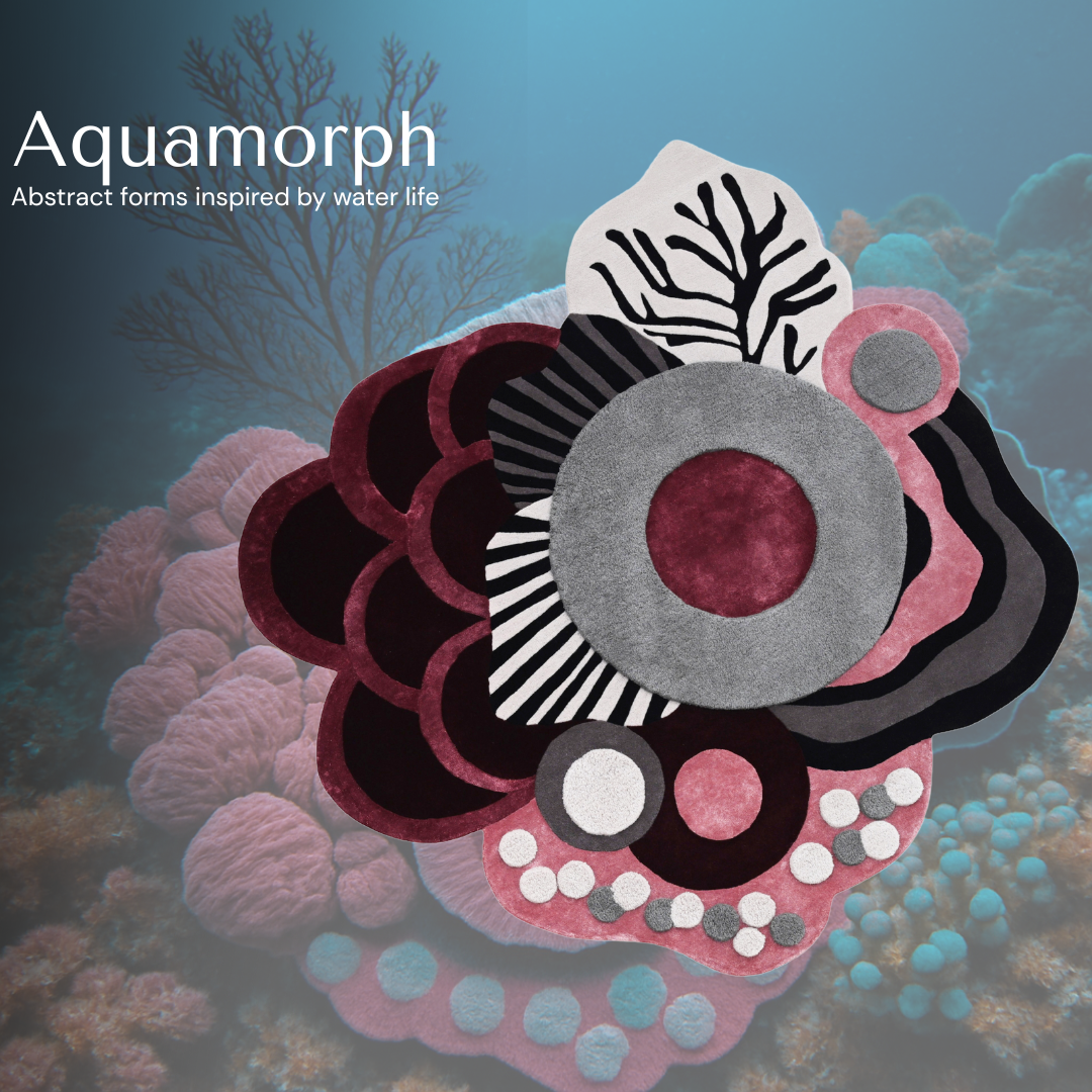 Abstract coral inspired art reference showing layered organic shapes and curves used as the design inspiration for the Aquamorph hand tufted rug.