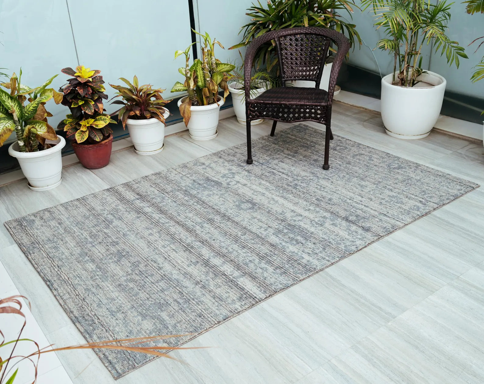Azure Fade Rug full view showing complete distressed blue design for indoor or outdoor use