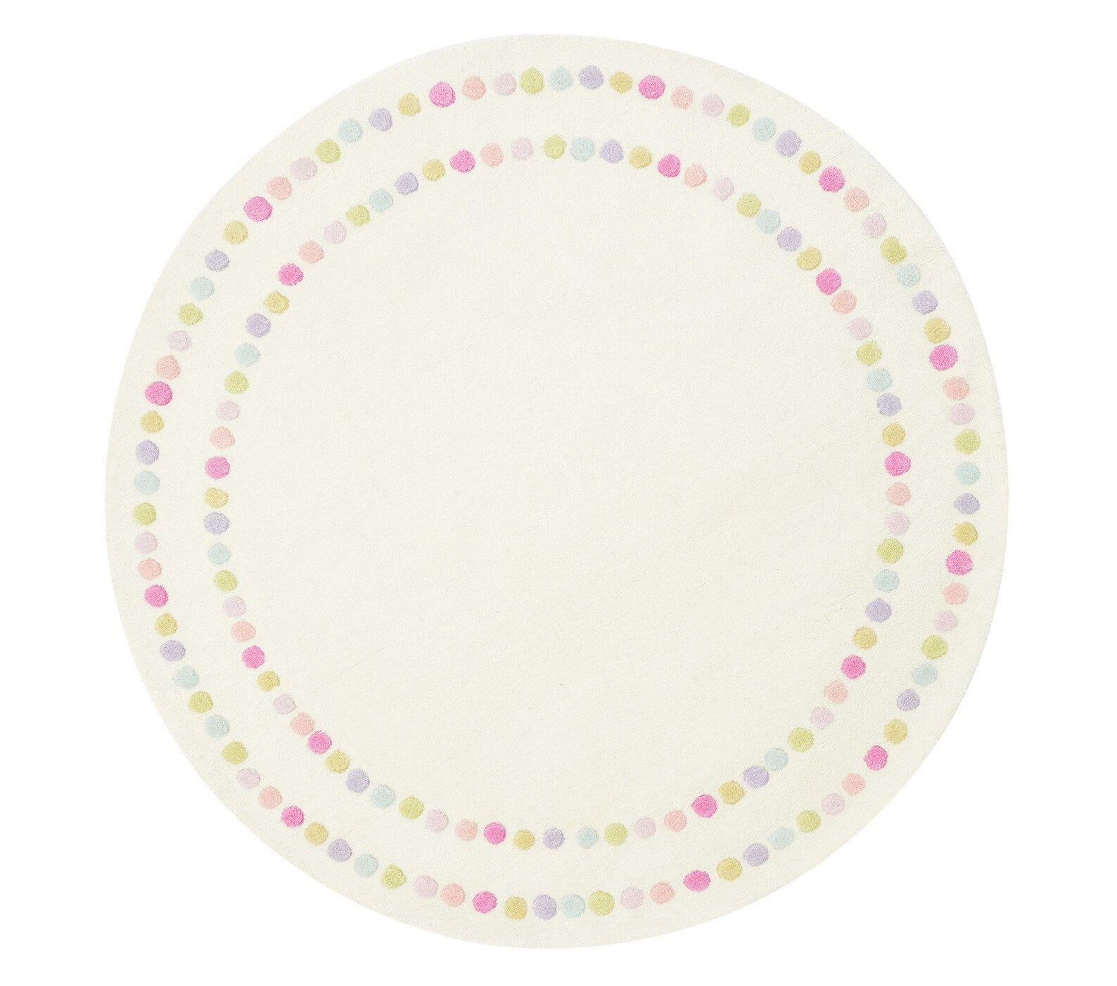 Candy Dots hand tufted rug round variant featuring pastel dotted border and soft hand tufted finish