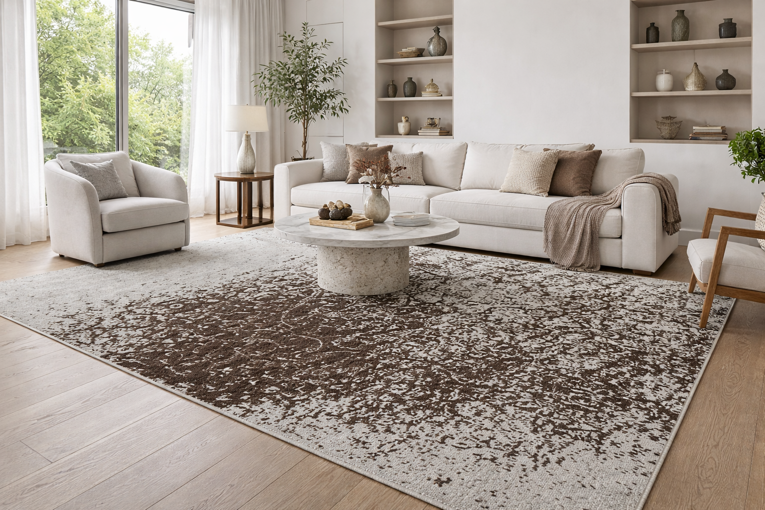 Cocoa Relic wool rug in large living room interior with ivory and brown distressed pattern.