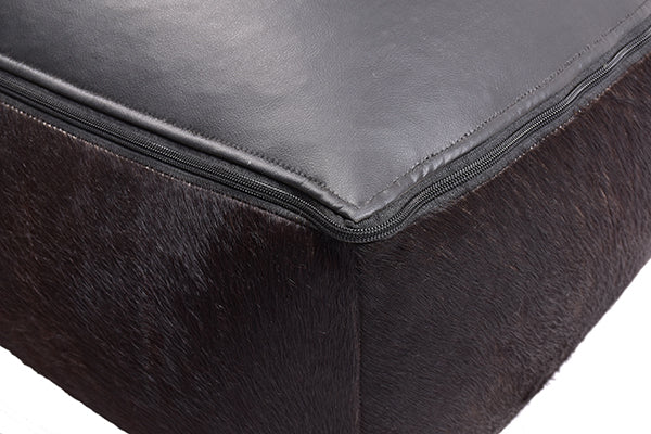 dark brown handmade leather pouf ottoman stitched corner detail