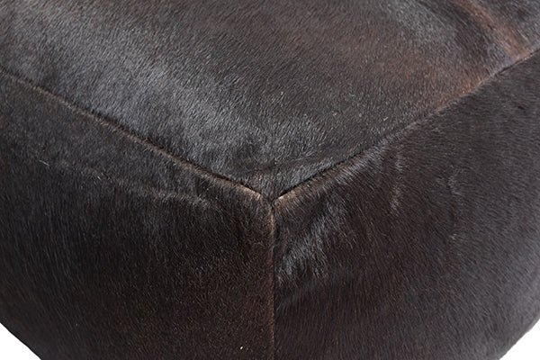 dark brown handmade leather pouf ottoman side angle close up