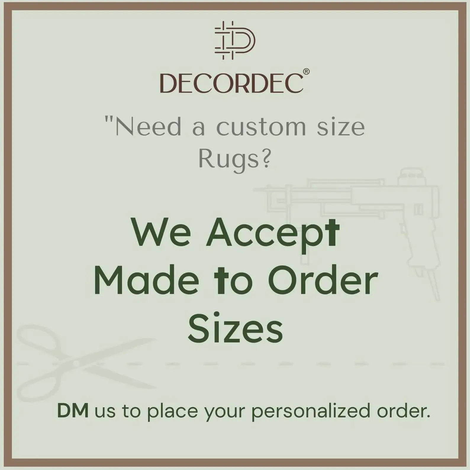 Decordec graphic announcing custom size rug orders with text stating we accept made to order sizes on a light background.
