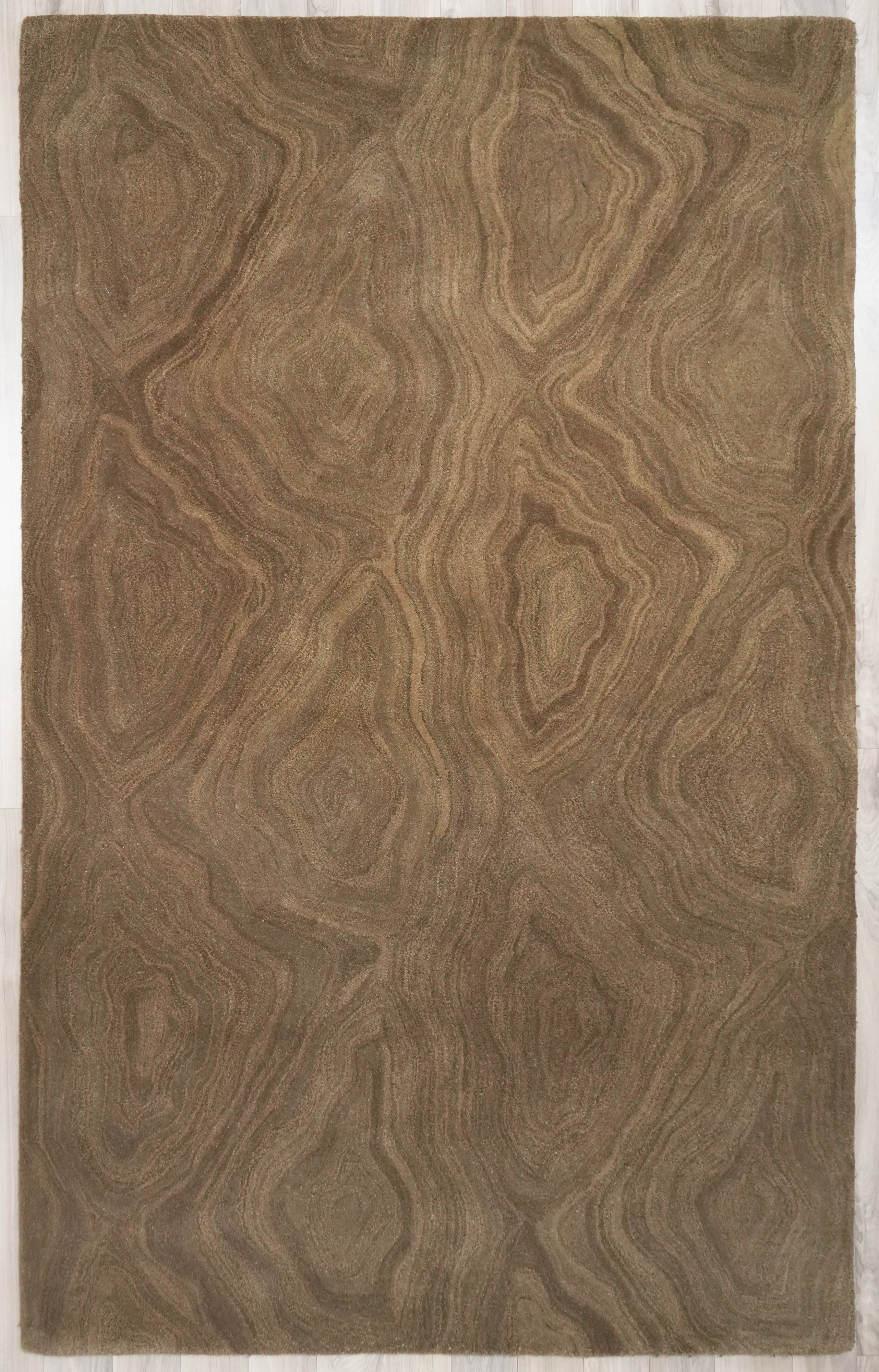 Full view of Earthen hand tufted wool rug with abstract organic pattern in earthy brown tones.