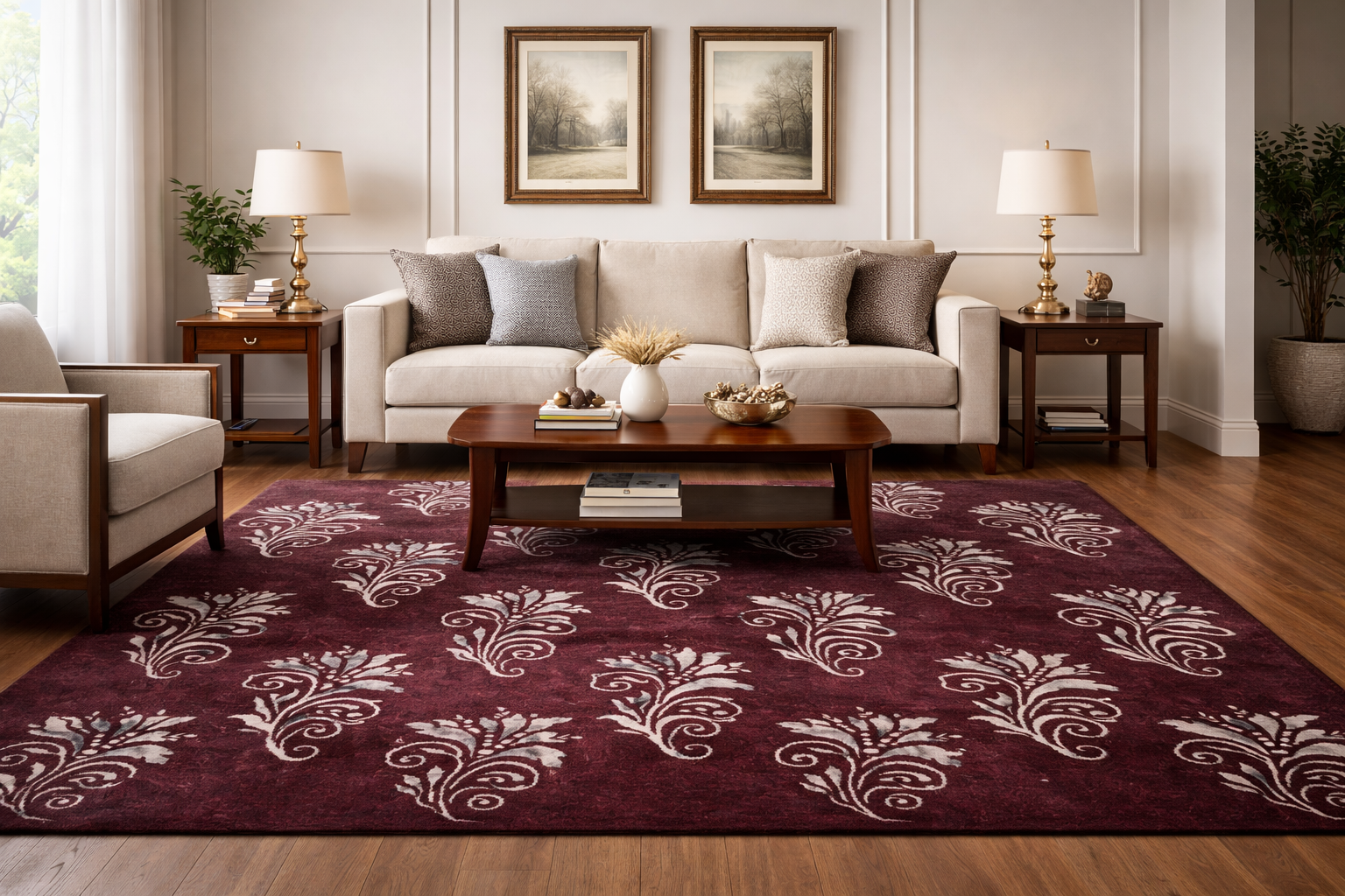 Florena hand tufted wool rug in ruby red tones with floral pattern placed in a living room setting