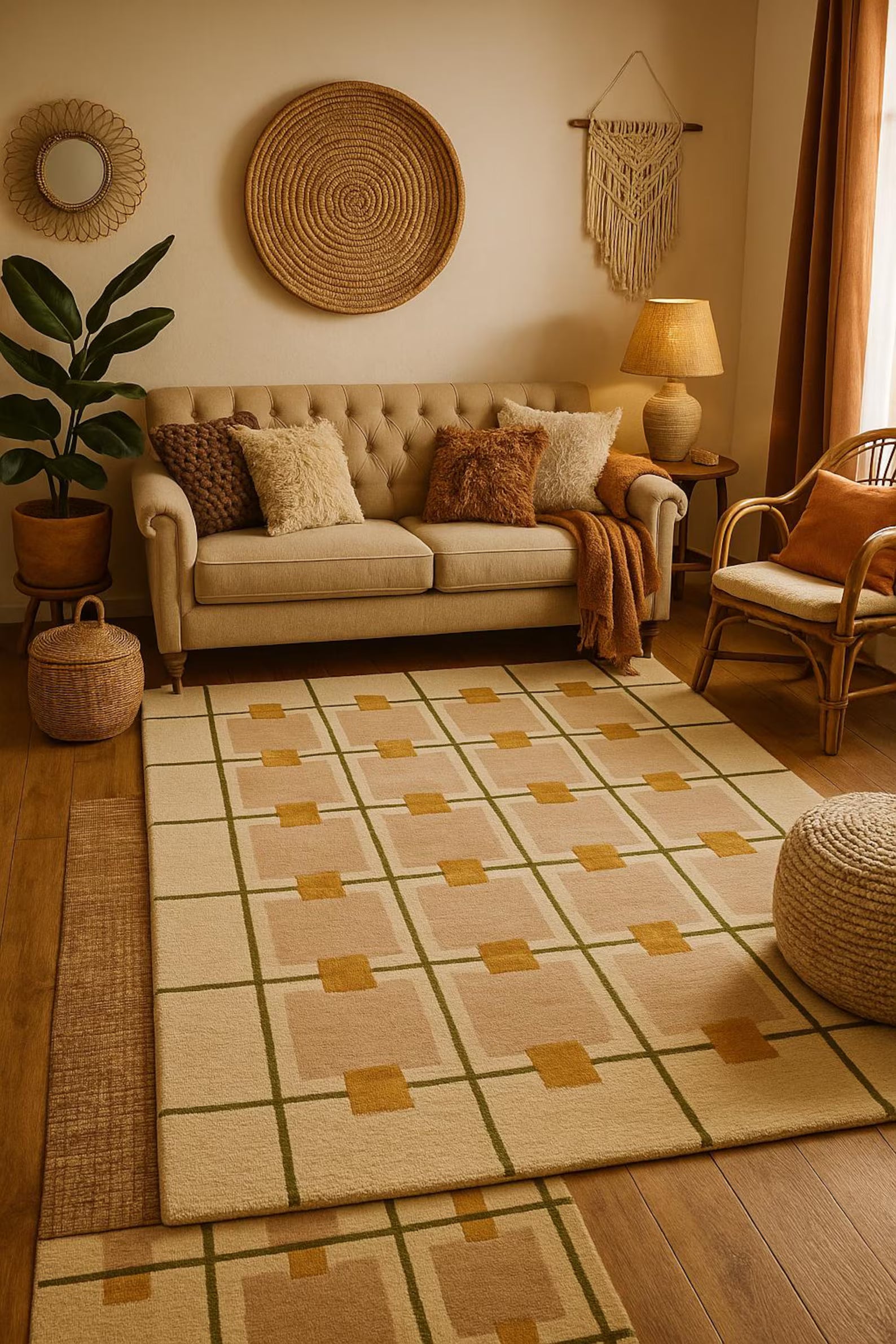 Geometric grid rug styled in modern living room interior with sofa décor – Decordec India