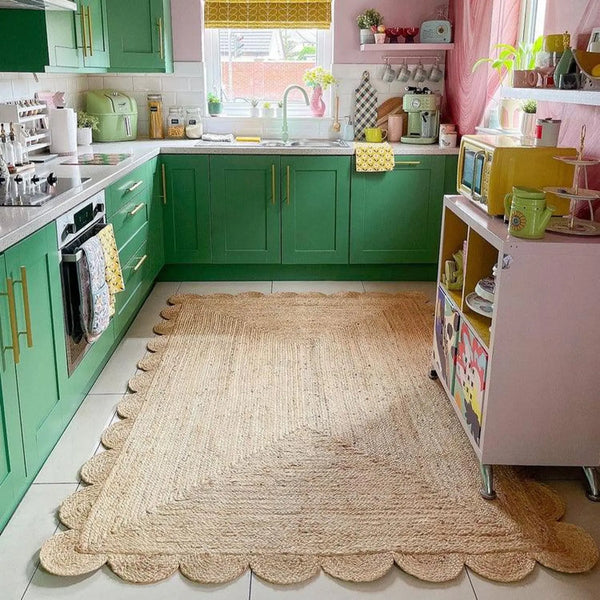 Golden Harvest Rug styled in a cozy kitchen with natural tones and soft scalloped edges