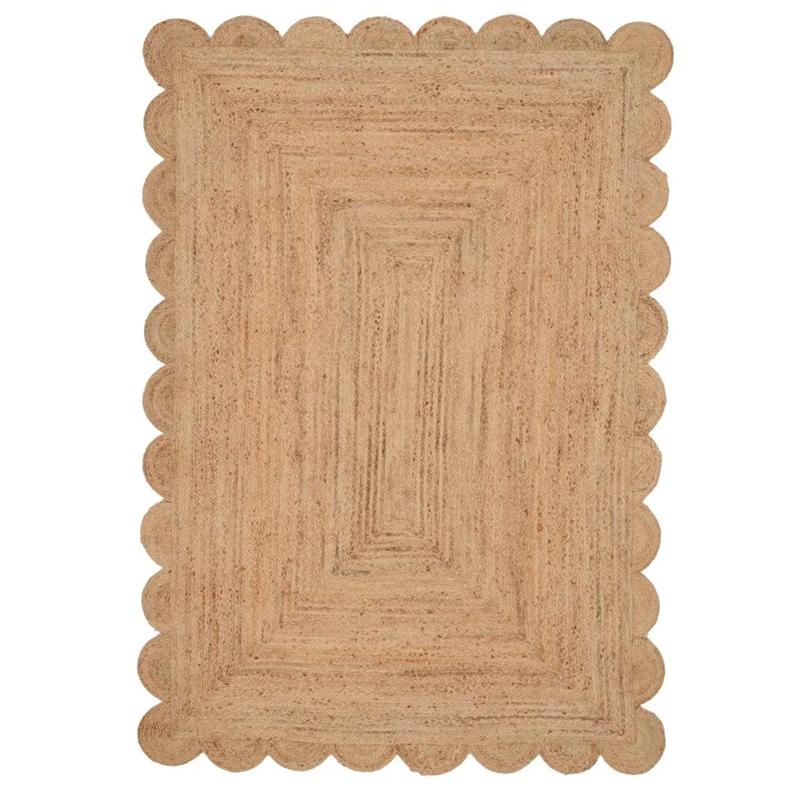Golden Harvest Rug top view showing natural jute texture and elegant scalloped edge design