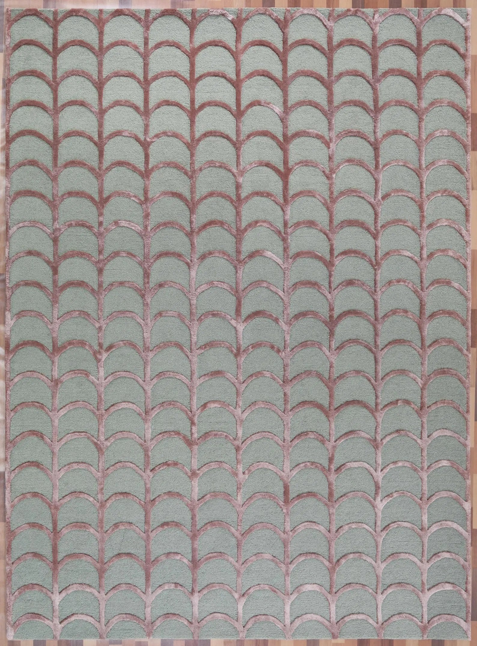 Full top view of the hand tufted Geometric Scallop hand tufted rug showing its raised scallop pattern and soft textured surface in muted tones.