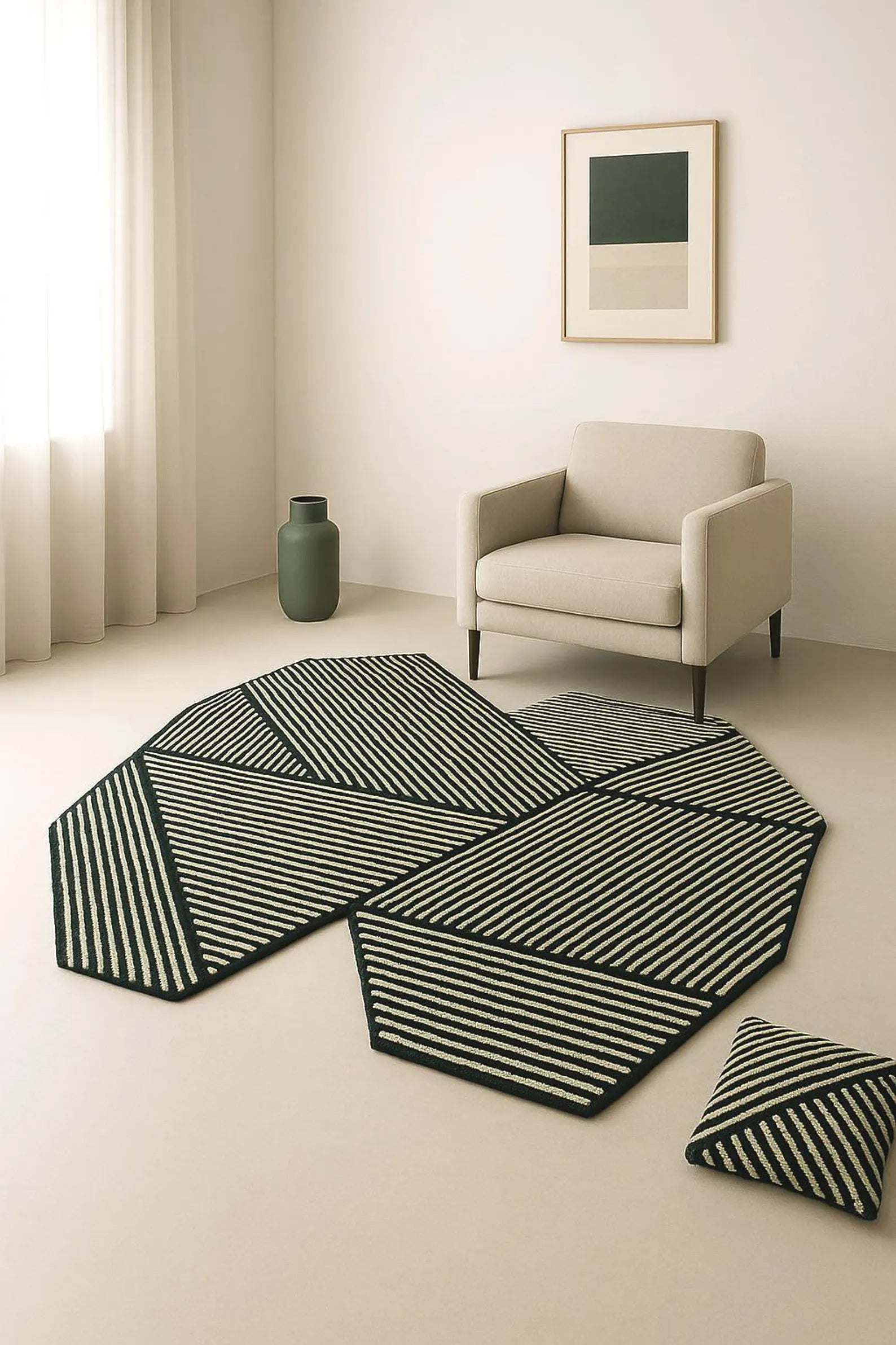 Hand tufted Green Terrain Rug styled in a minimal living room with soft daylight, cream furniture, and modern decor, highlighting its geometric green striped design.