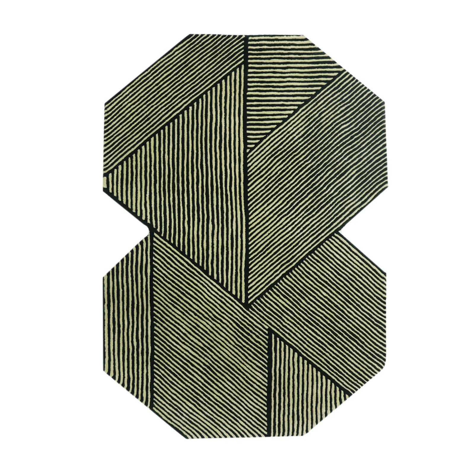 Hand tufted Green Terrain Rug displayed in a flat-lay top view, showing its bold green and cream striped composition and modular geometric shape.