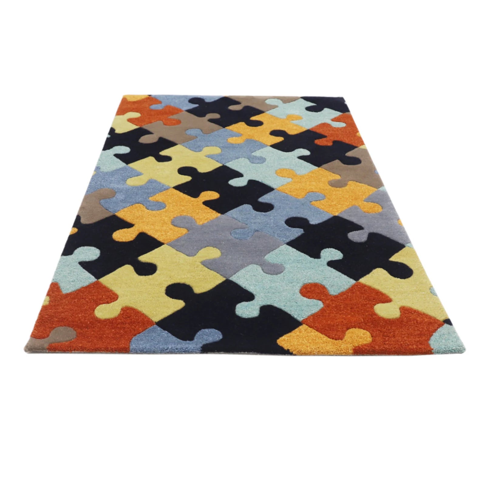 Hand tufted Playgrid Rug shown in a front-angled view on a white background, featuring its colorful interlocking puzzle pattern.