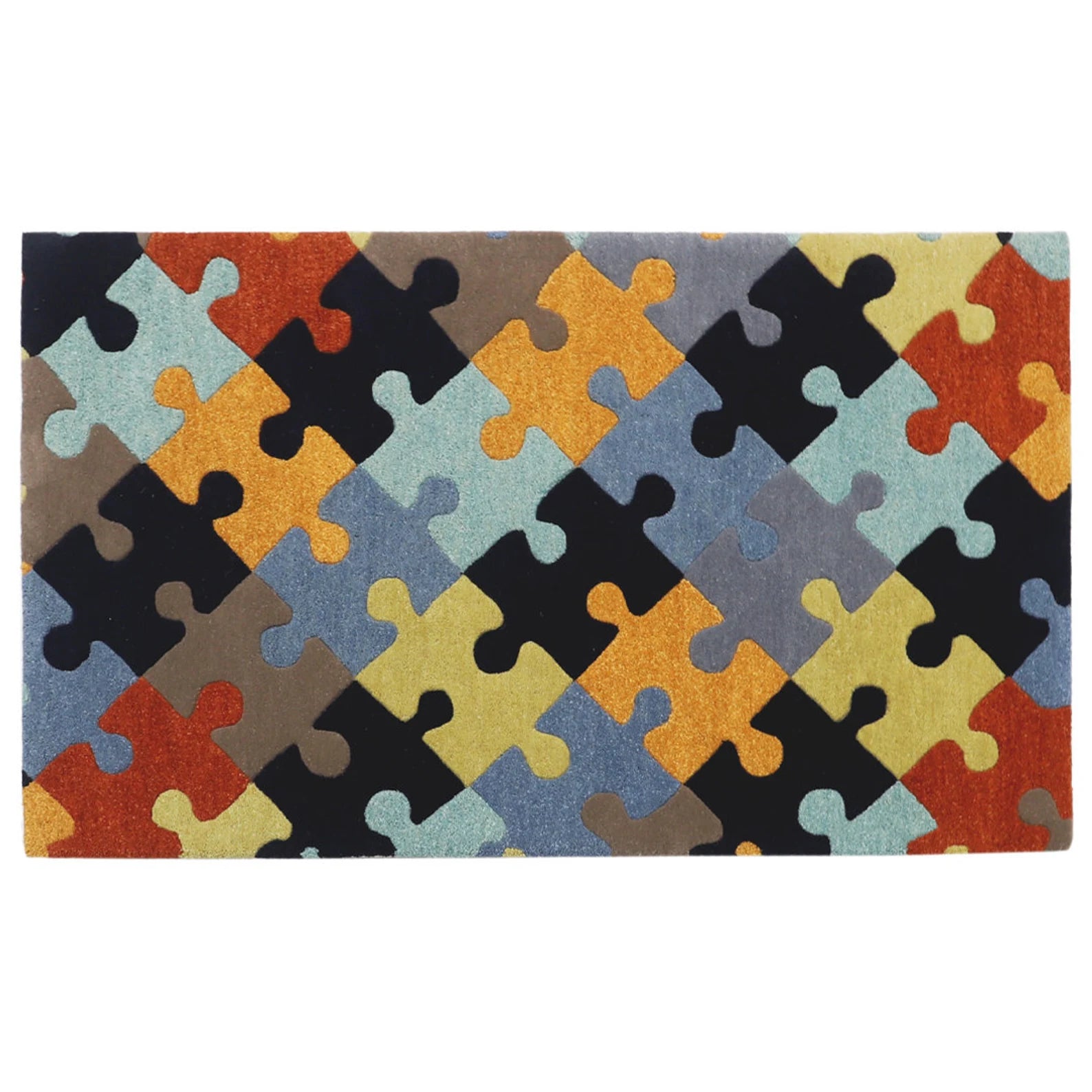 Full top view of the hand tufted Playgrid hand tufted rug displaying vibrant interlocking puzzle shapes in orange, blue, yellow, and charcoal tones.