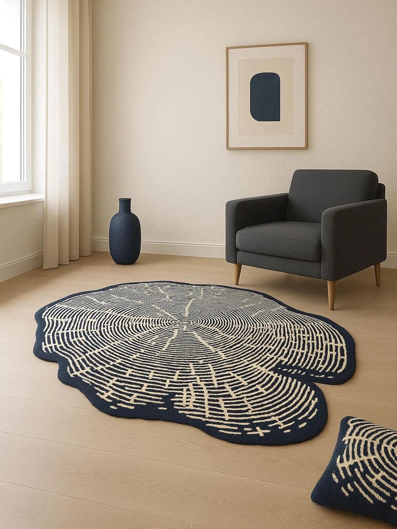 Hand tufted Sequoia Rug styled in a modern living room with neutral tones, featuring its organic tree-ring inspired pattern in charcoal and white.