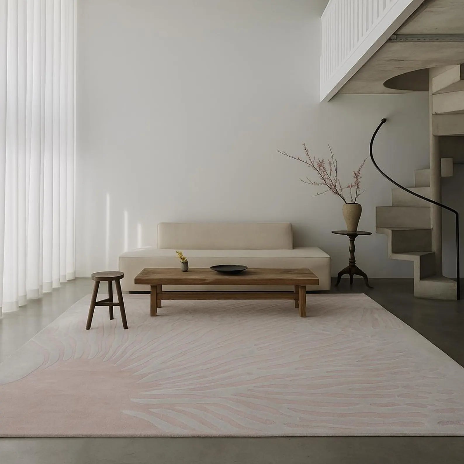 Dune Relic hand tufted rug placed in a minimal living room with soft daylight, neutral furniture and a clean modern interior setting.