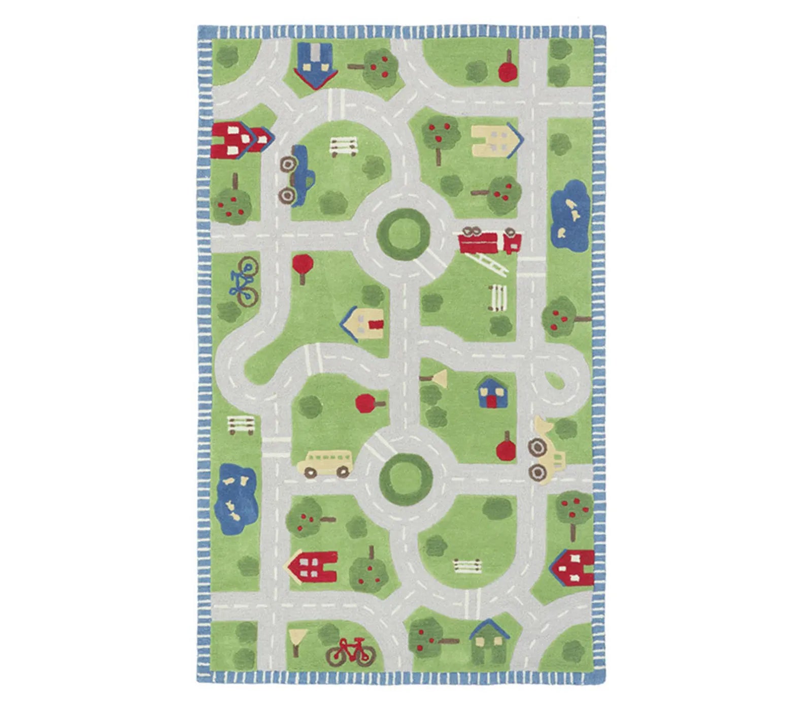 Hand tufted Road Map Rug shown in a full top view with playful roads houses cars trees and bright green landscape design.