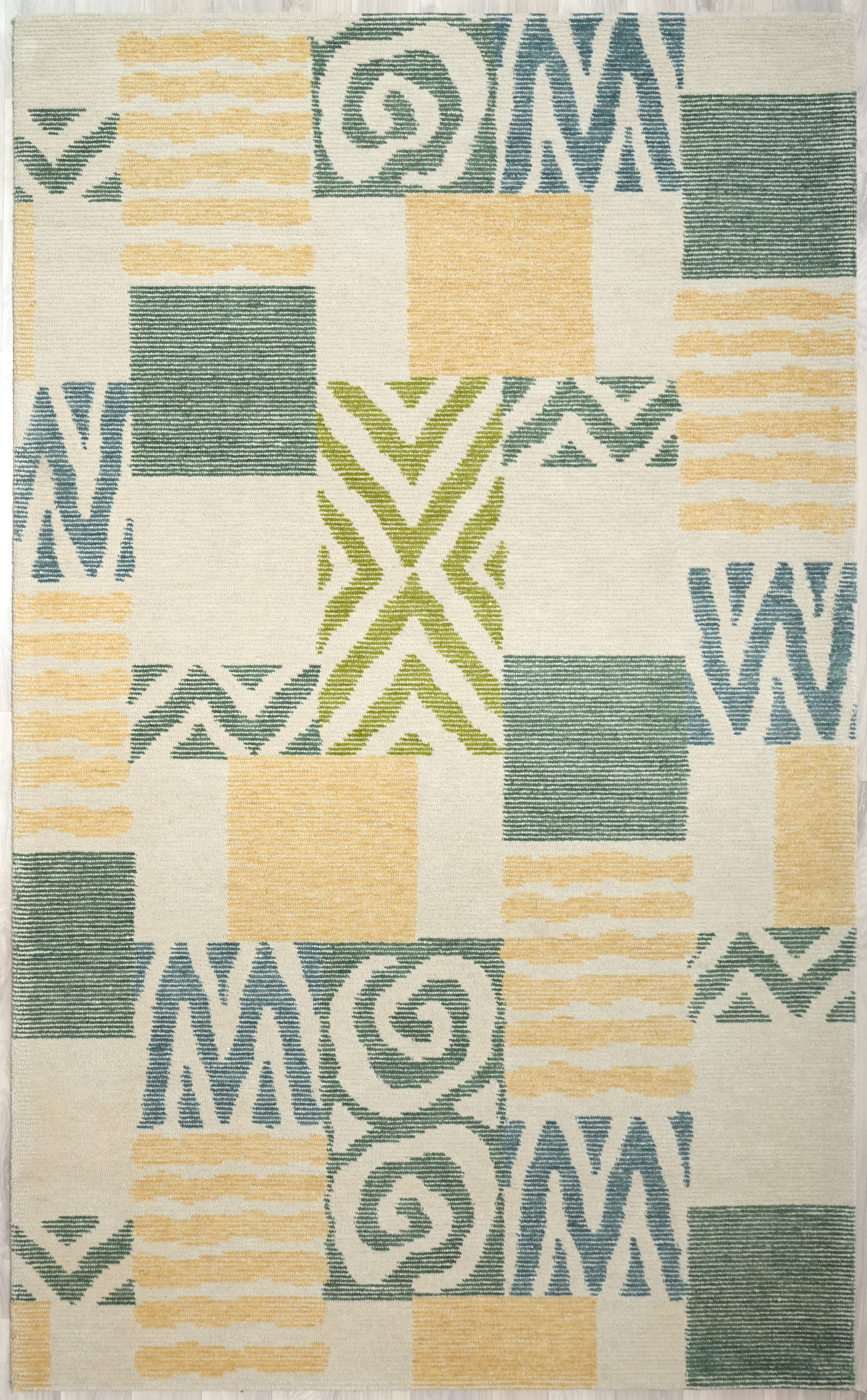 mosaic field wool rug full view showing yellow and sage geometric pattern