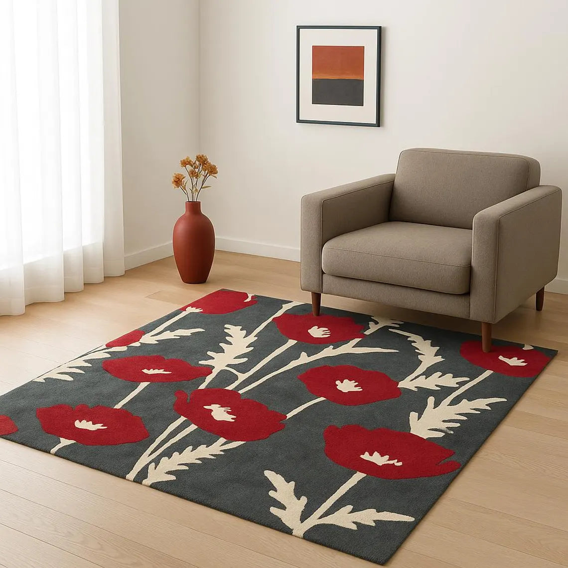 Hand tufted Poppy Bloom Rug styled in a modern living room with neutral furniture and natural light