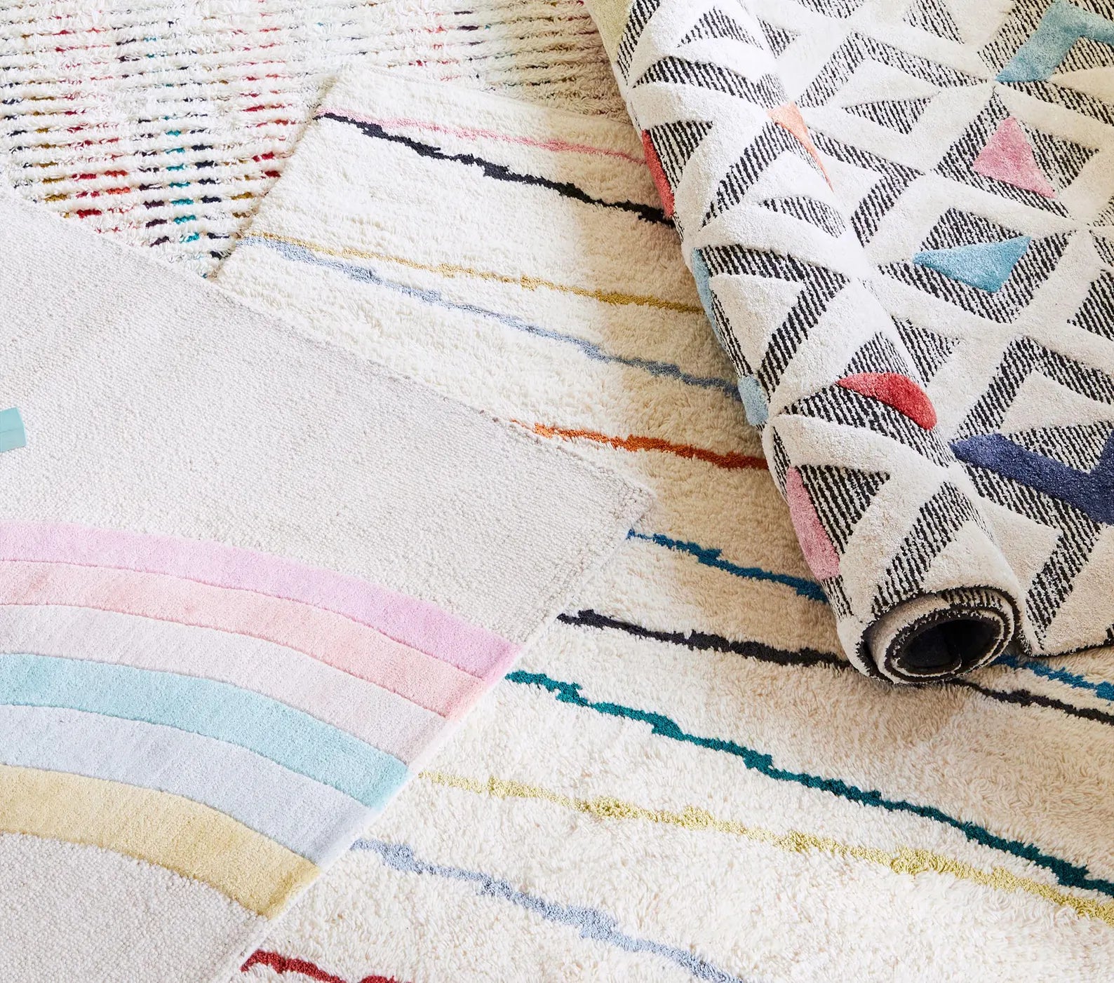 Rainbow Boho Rug closeup view showing textured surface and colorful hand tufted detail