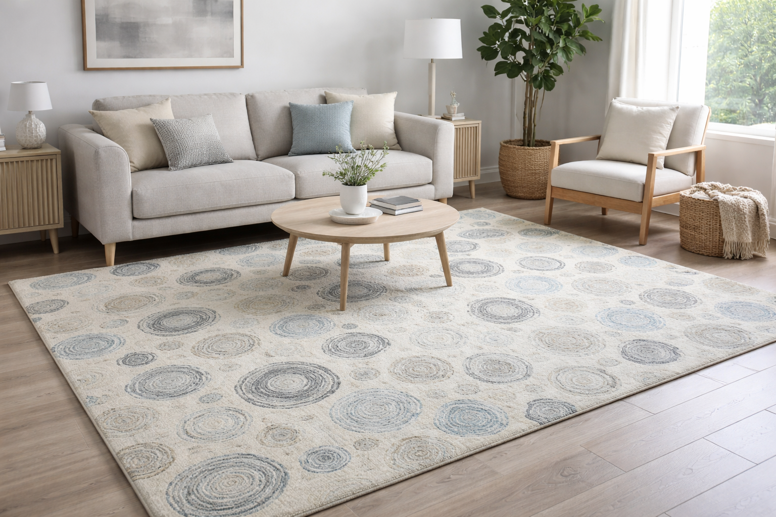 Ripplea hand tufted wool rug in blue and grey tones placed in a modern living room setting.