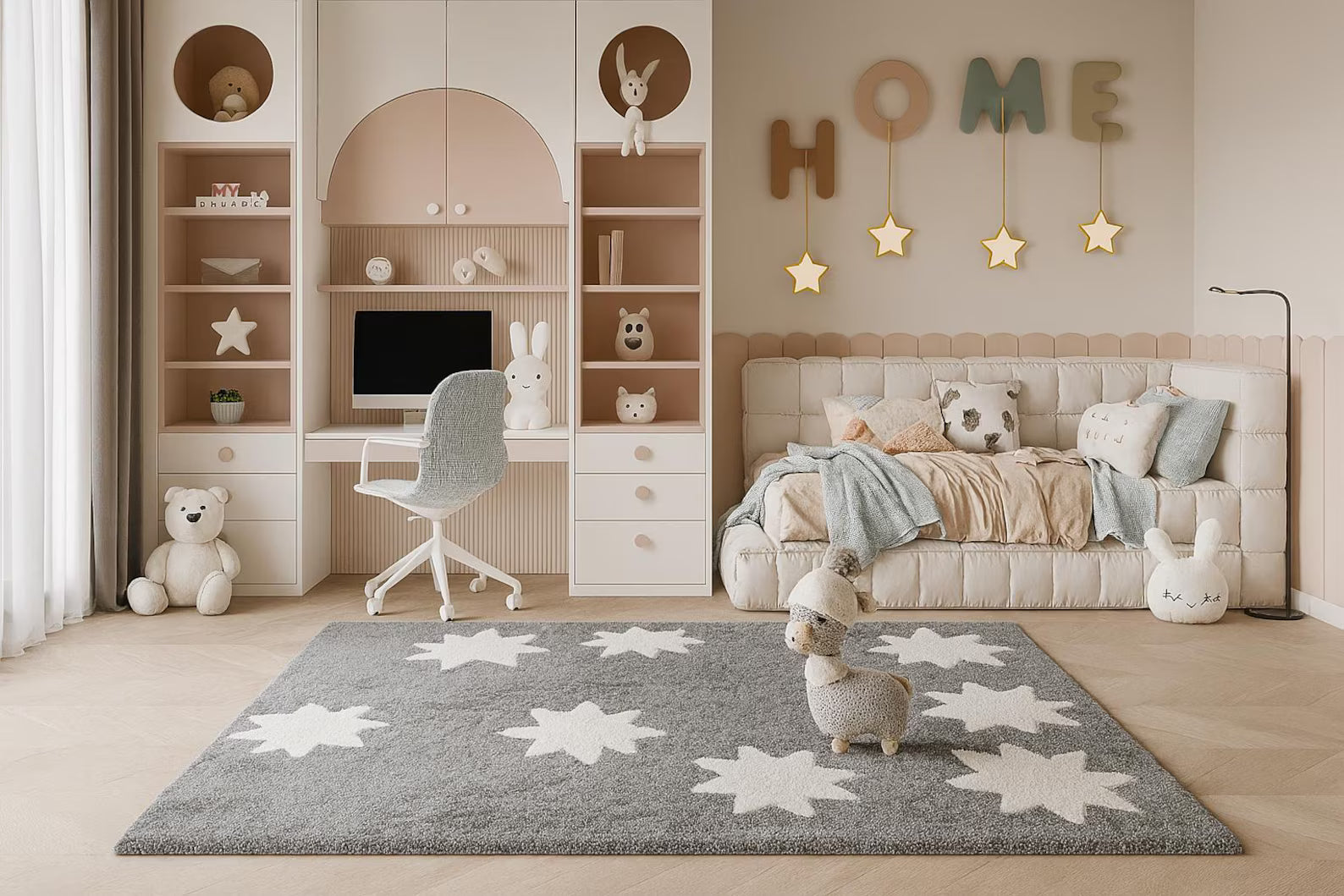 Starry Night Rug styled in a cozy kids room with soft grey tones and white stars