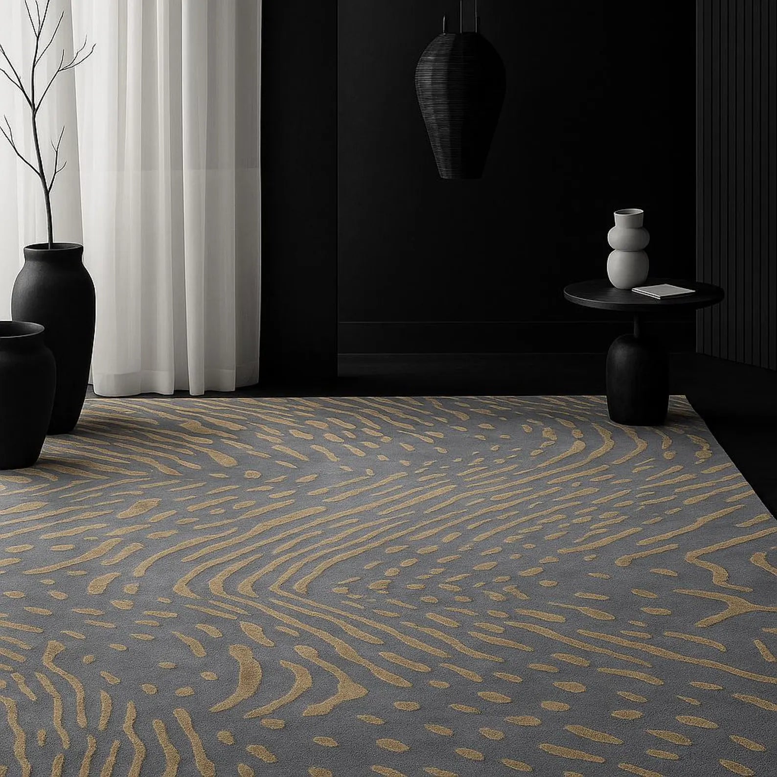 Swirl Pattern Hand tufted Rug styled in a modern interior with dark walls and artistic curved pattern
