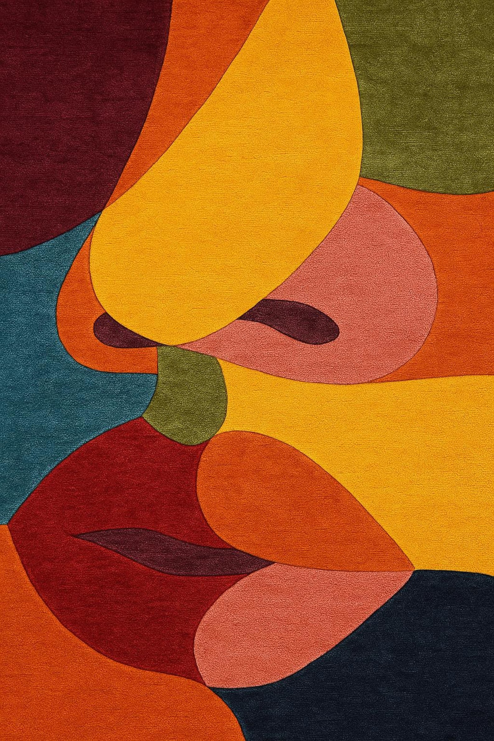 The Kiss Modern Rug featuring a bold abstract face design in overlapping colors like yellow, red, orange, blue, olive, and pink.