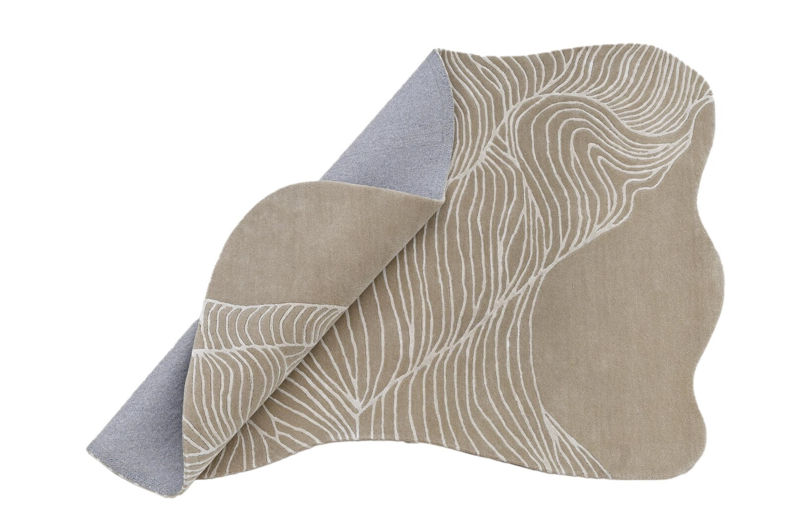 wavy abstract beige rug hand tufted rug with flowing line pattern shown partially folded on a white background