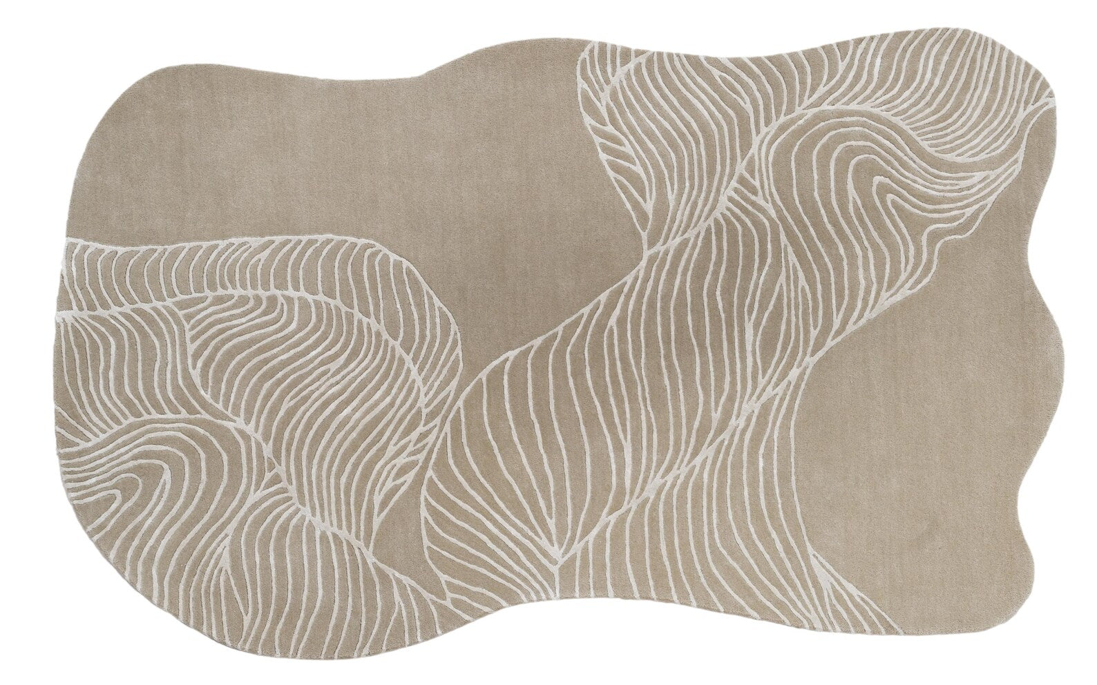 wavy abstract beige rug hand tufted rug with flowing white line pattern in an organic shape on a white background