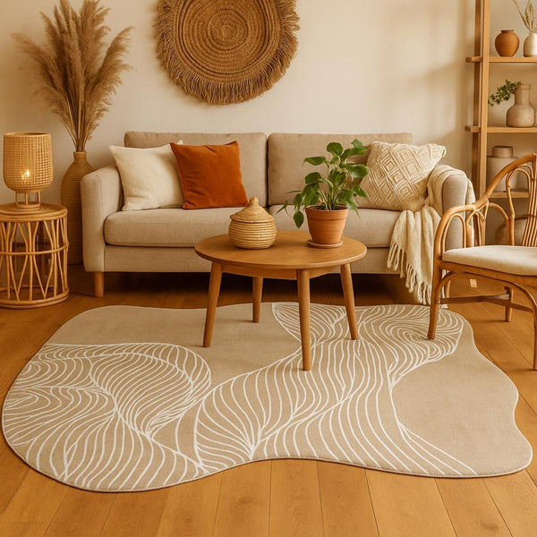 wavy abstract beige rug hand tufted with flowing line pattern styled in a cozy beige living room with wooden decor